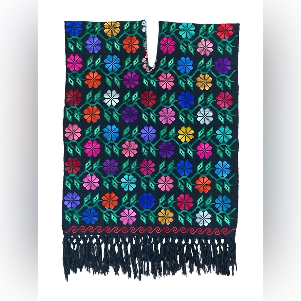 Mexican Floral Poncho Black